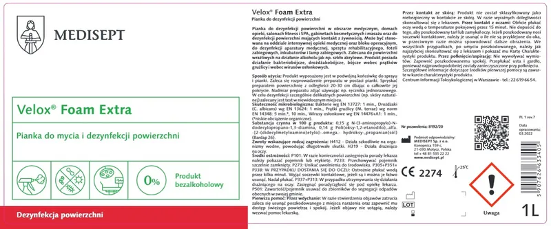 MEDISEPT VELOX FOAM EXTRA Pianka Do Dezynfekcji Wyrobów Medycznych, 5 l