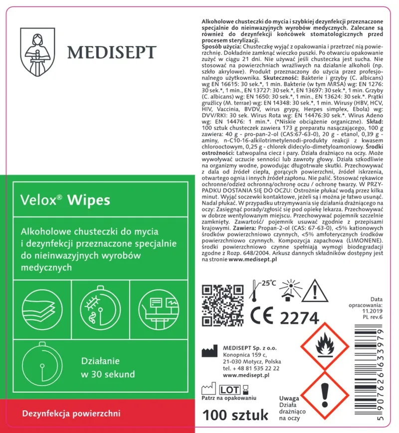 MEDISEPT VELOX WIPES Chusteczki Do Dezynfekcji Powierzchni, Puszka, 100 szt