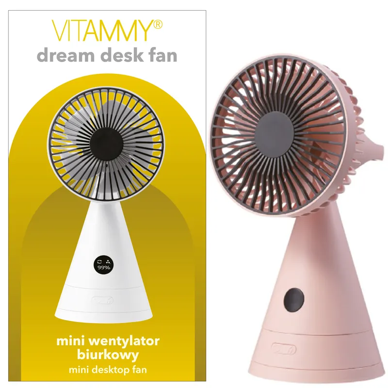 VITAMMY DREAM DESK FAN Mini Wentylator Biurkowy USB, 3 Tryby, Z Lustrem I LCD - RÓŻOWY
