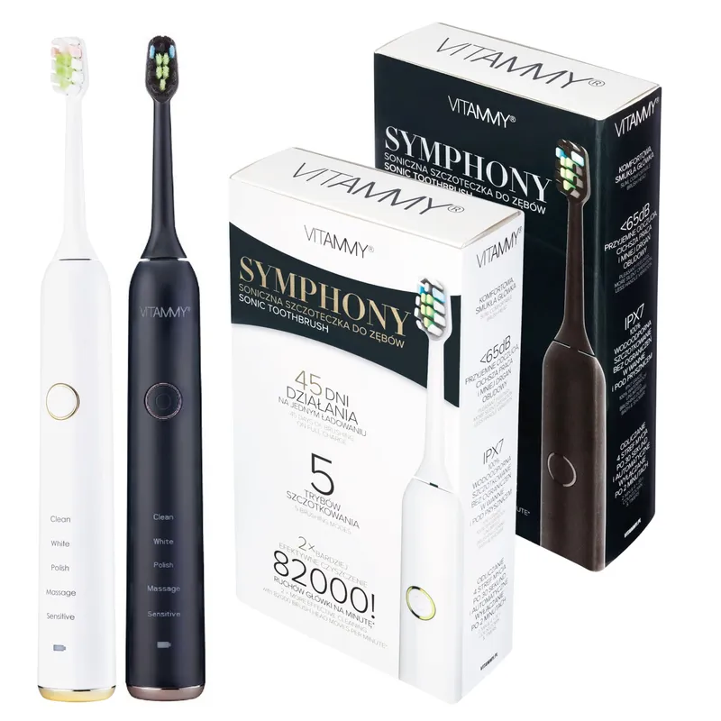 VITAMMY SYMPHONY BLACK I WHITE Szczoteczka Soniczna Do Zębów Z Komfortową Obudową, 2 szt