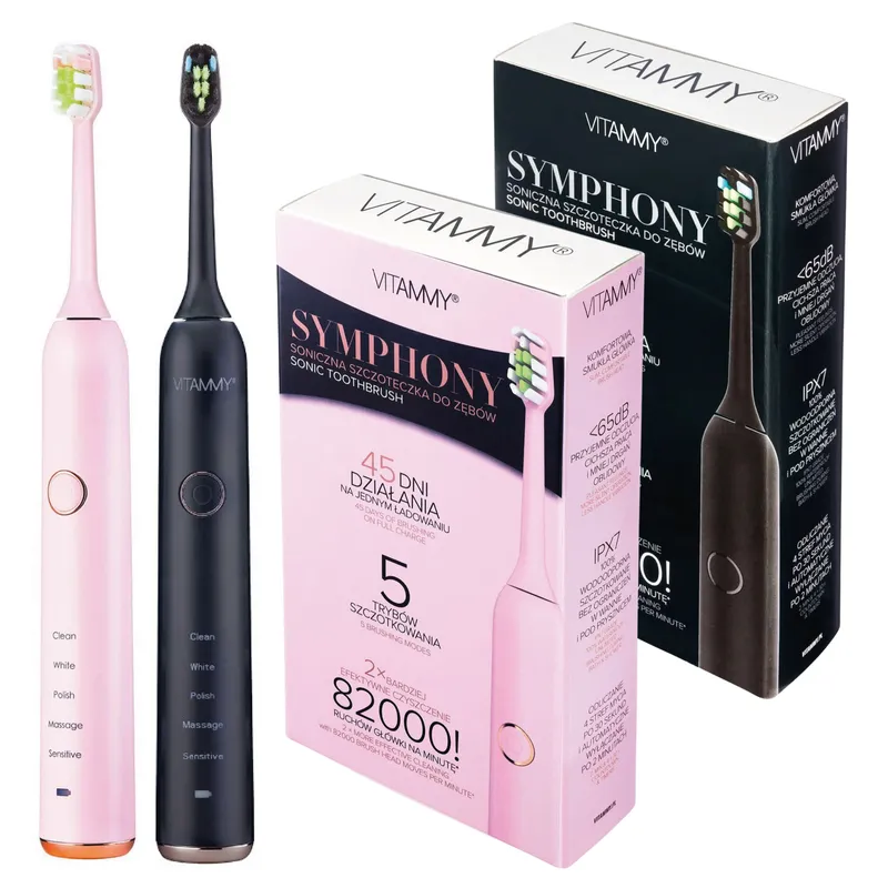 VITAMMY SYMPHONY BLACK I PINK Szczoteczka Soniczna Do Zębów Z Komfortową Obudową, 2szt