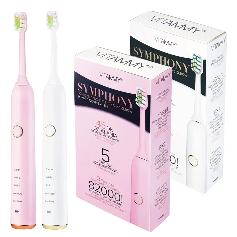 VITAMMY SYMPHONY WHITE I PINK Szczoteczka Soniczna Do Zębów Z Komfortową Obudową, 2szt
