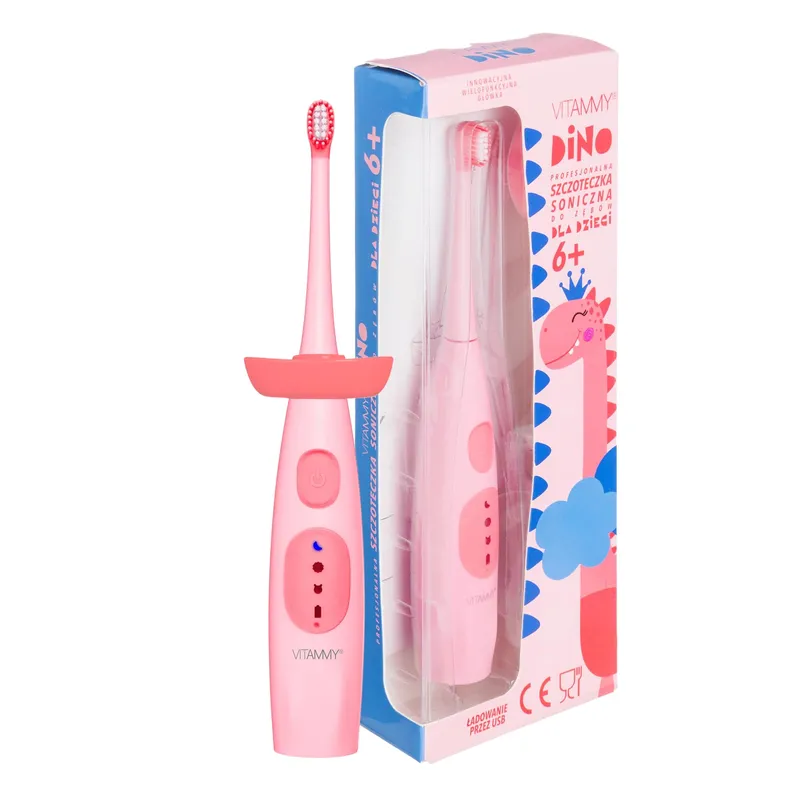 VITAMMY DINO / PINK Szczoteczka Soniczna Do Zębów Dla Dzieci 6+, Wyciszona Obudowa