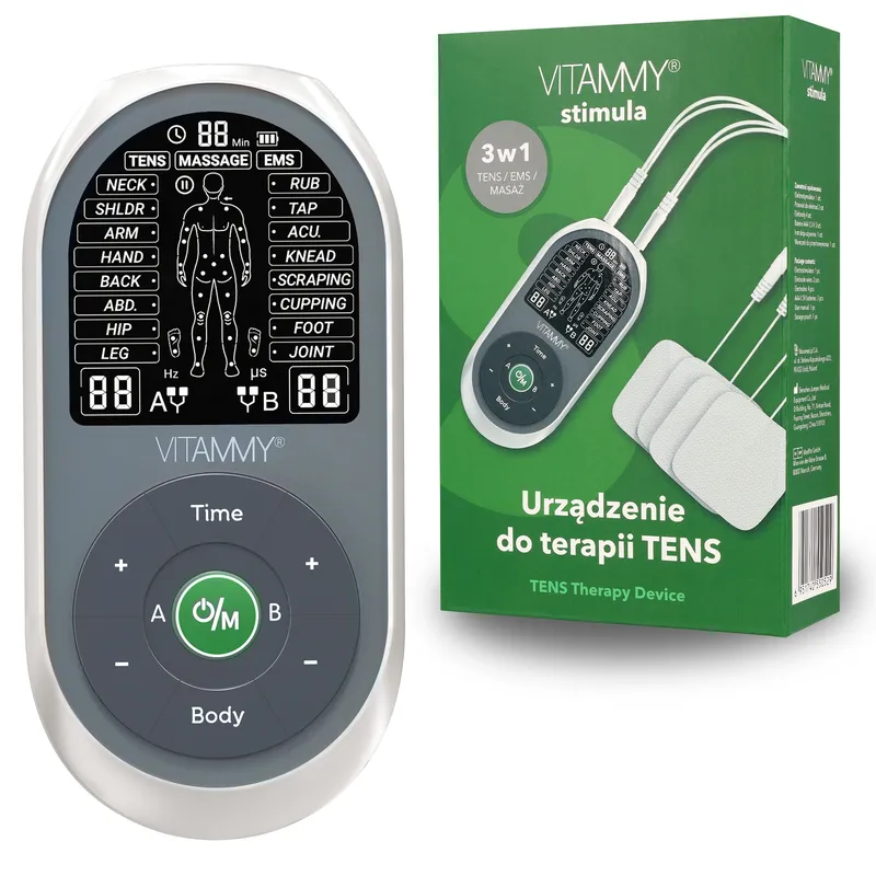 VITAMMY STIMULA Elektrostymulator Mięśni, Terapia TENS EMS I Masaż 3 w 1, 4 Elektrody