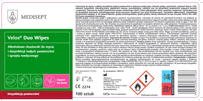 MEDISEPT VELOX DUO WIPES Alkoholowe Chusteczki Do Dezynfekcji Sprzętu, Wkład, 50 szt