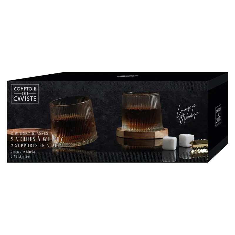 Zestaw 2 Szklanek Do Whisky MEBLIVA Z Podkładkami - Drewno Akacjowe