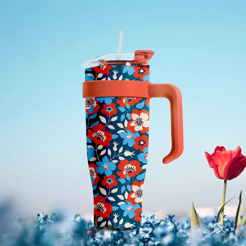 Kubek Termiczny MEBLIVA Miami Floral, Stal Nierdzewna 1200 ml - Czerwony