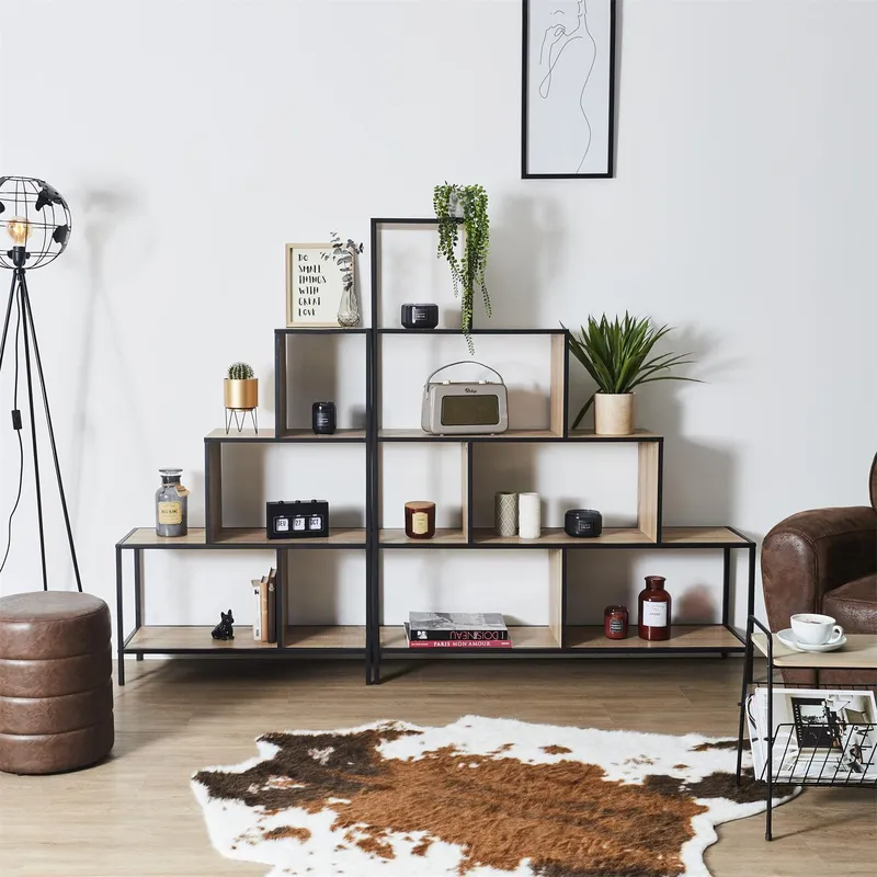Regał Schodkowy MEBLIVA Edison Industrialny - Naturalny Dąb