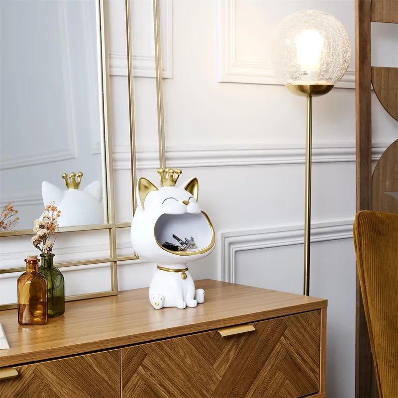 Figurka Kot Do Przechowywania MEBLIVA, Poliresin Glamour - Biały/Złoty