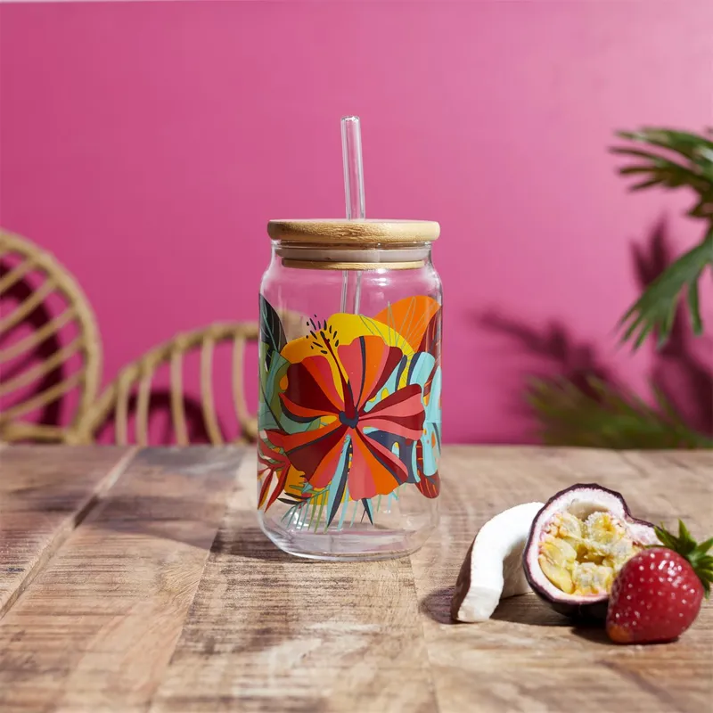 Szklanka MEBLIVA Exotic Paradise 450ml Ze Słomką I Pokrywką - Multikolor