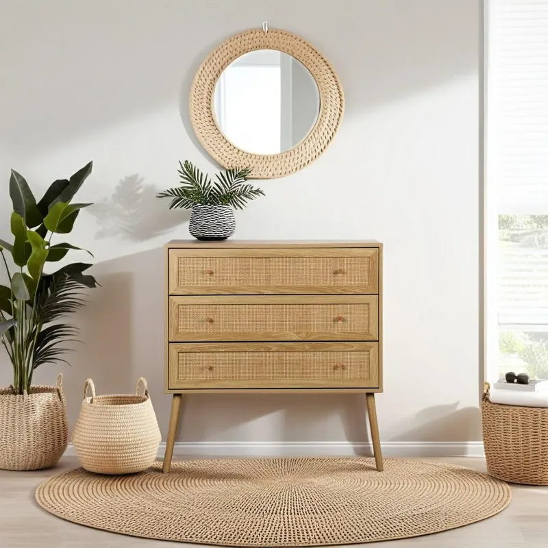 Komoda MEBLIVA Ballo 3 Szuflady, Rattan, Styl Boho - Naturalny