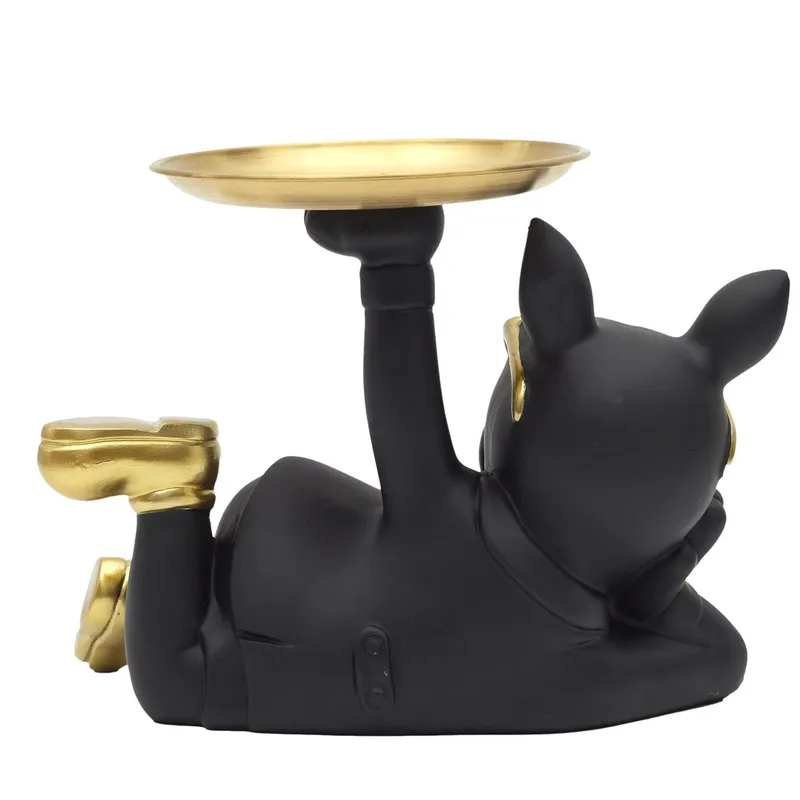 Figurka MEBLIVA Buldog Leżący Z Tacą, Poliresin Glamour - Czarny