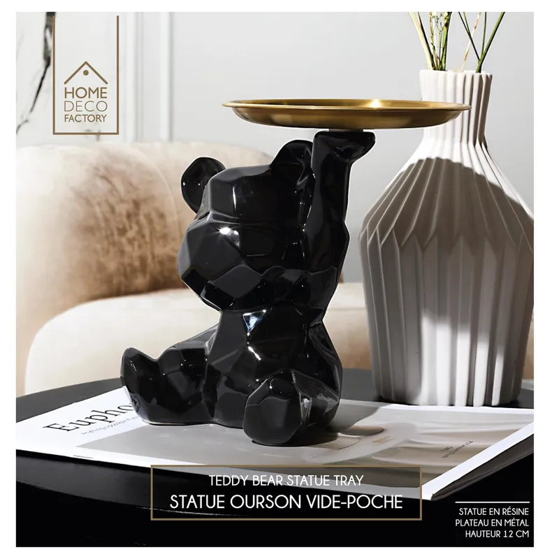 Figurka MEBLIVA Miś Origami Ceramiczna Ze Złotą Tacą - Czarna