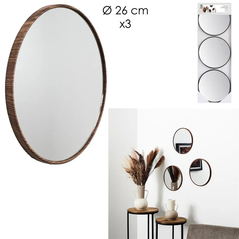 Lustro Ścienne MEBLIVA Toronto, Zestaw 3 szt., Okrągłe 26cm - Orzech