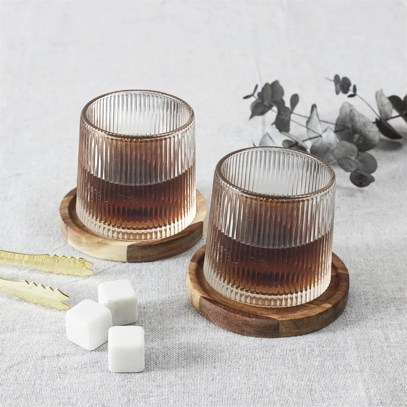 Zestaw 2 Szklanek Do Whisky MEBLIVA Z Podkładkami - Drewno Akacjowe