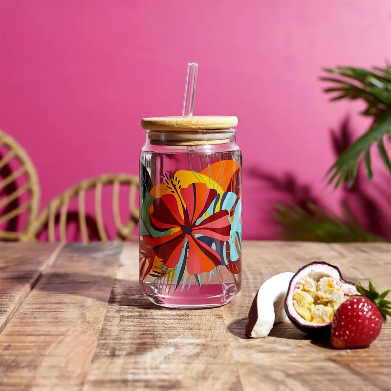 Szklanka MEBLIVA Exotic Paradise 450ml Ze Słomką I Pokrywką - Multikolor