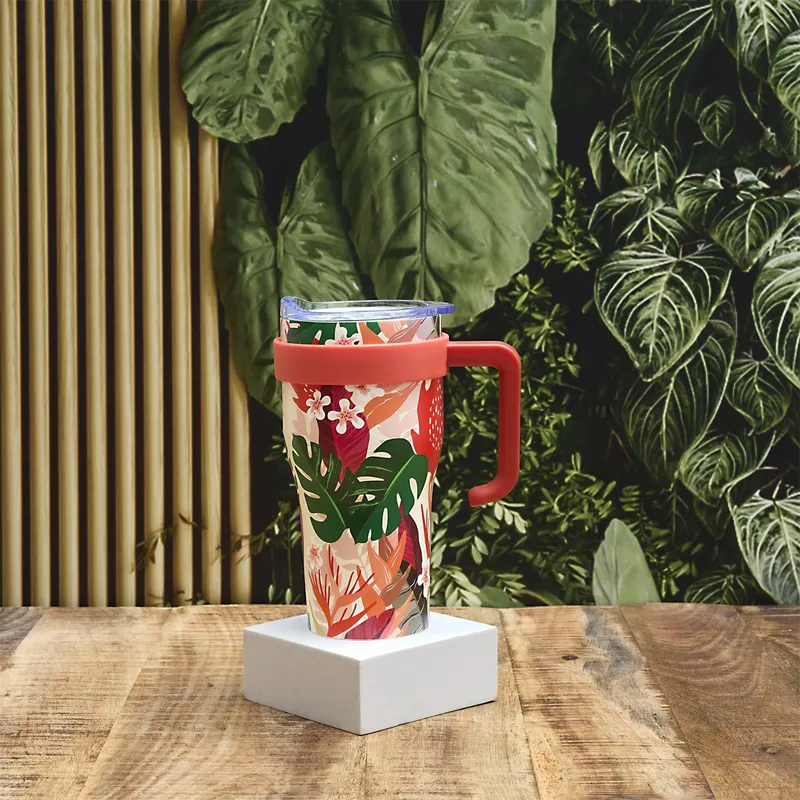 Kubek Termiczny MEBLIVA Mini Miami Floral Metal 600ml - Czerwony