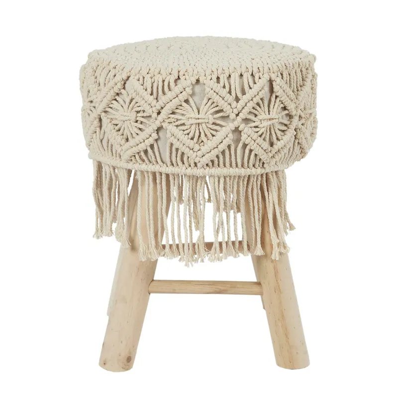 Taboret MEBLIVA Boho Pleciony Drewniany Skandynawski - Beżowy
