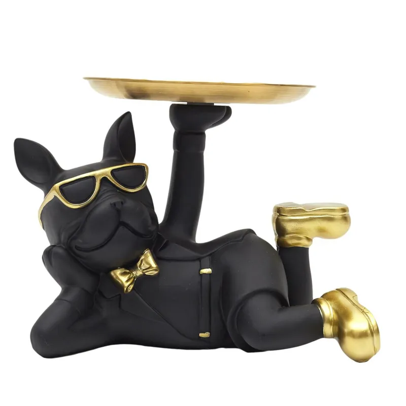 Figurka MEBLIVA Buldog Leżący Z Tacą, Poliresin Glamour - Czarny