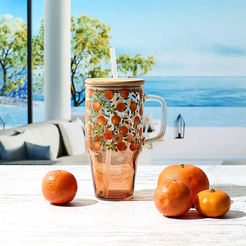 Kubek Szklany MEBLIVA Soleo 650ml Z Pokrywką I Słomką - Pomarańcz