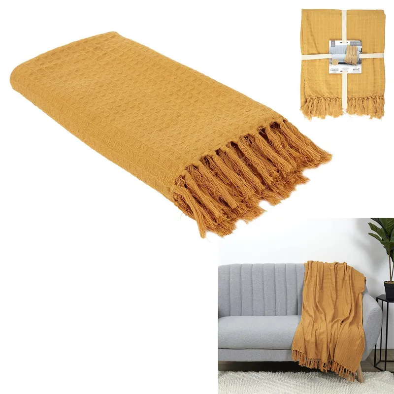Pled MEBLIVA Waffle Bawełniany 160x130 cm - Żółty