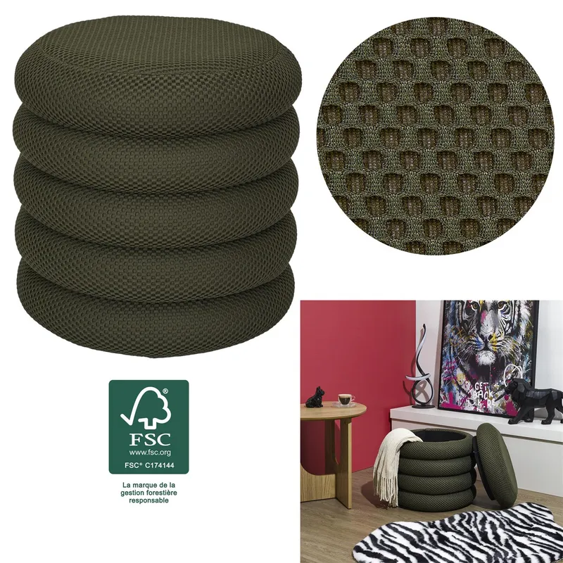 Pufa MEBLIVA Atom, Tkanina, Okrągła, Schowek - Khaki