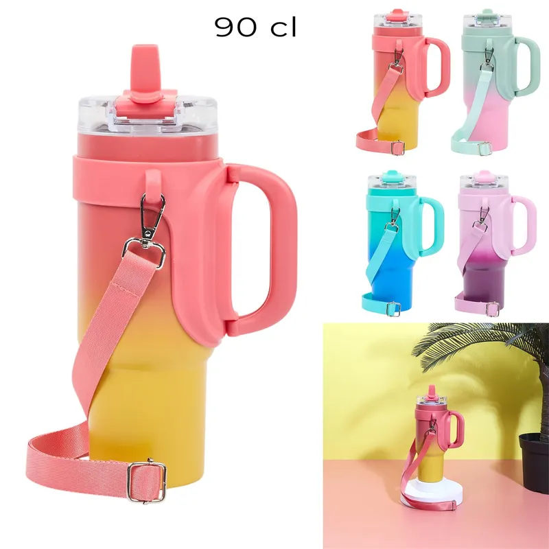 Kubek Termiczny Podróżny MEBLIVA Malibu, Pojemność 900 ml - Różowo-Żółty