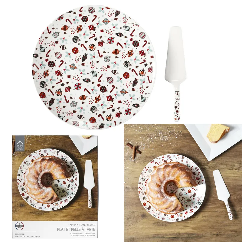 Talerz Na Ciasto Z Łopatką MEBLIVA Świąteczny Ceramika 30cm - Biały