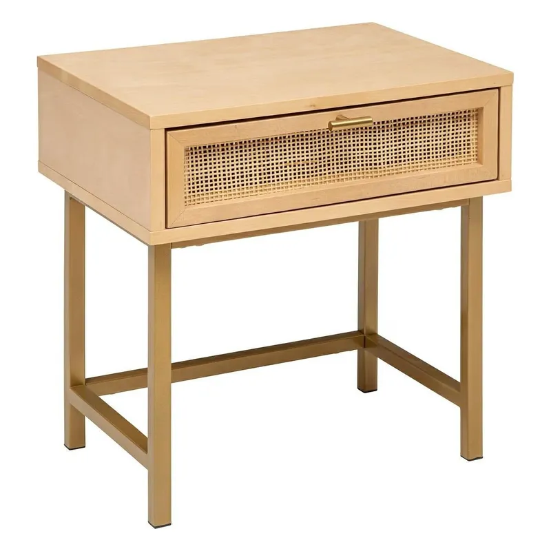 Szafka Nocna MEBLIVA Rayo Rattan - Boho, Złota Podstawa - Naturalny