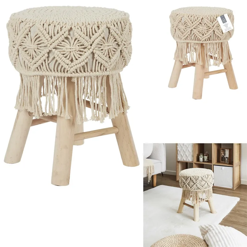 Taboret MEBLIVA Boho Pleciony Drewniany Skandynawski - Beżowy