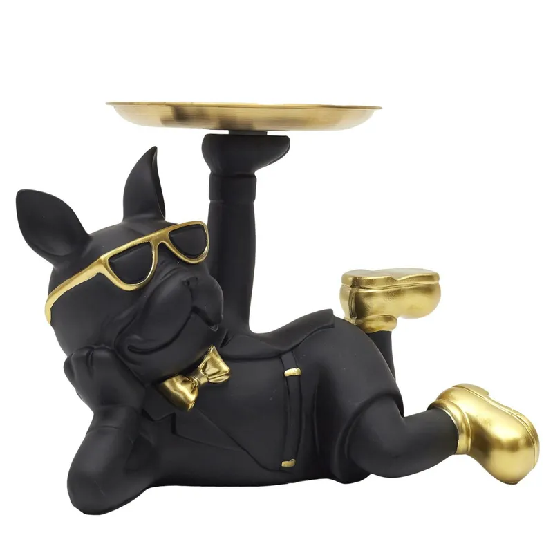 Figurka MEBLIVA Buldog Leżący Z Tacą, Poliresin Glamour - Czarny