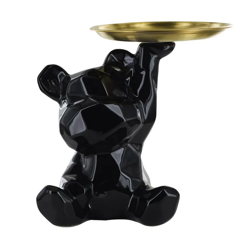 Figurka MEBLIVA Miś Origami Ceramiczna Ze Złotą Tacą - Czarna