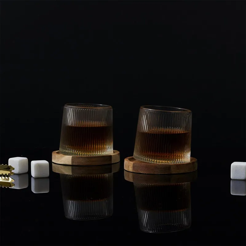 Zestaw 2 Szklanek Do Whisky MEBLIVA Z Podkładkami - Drewno Akacjowe