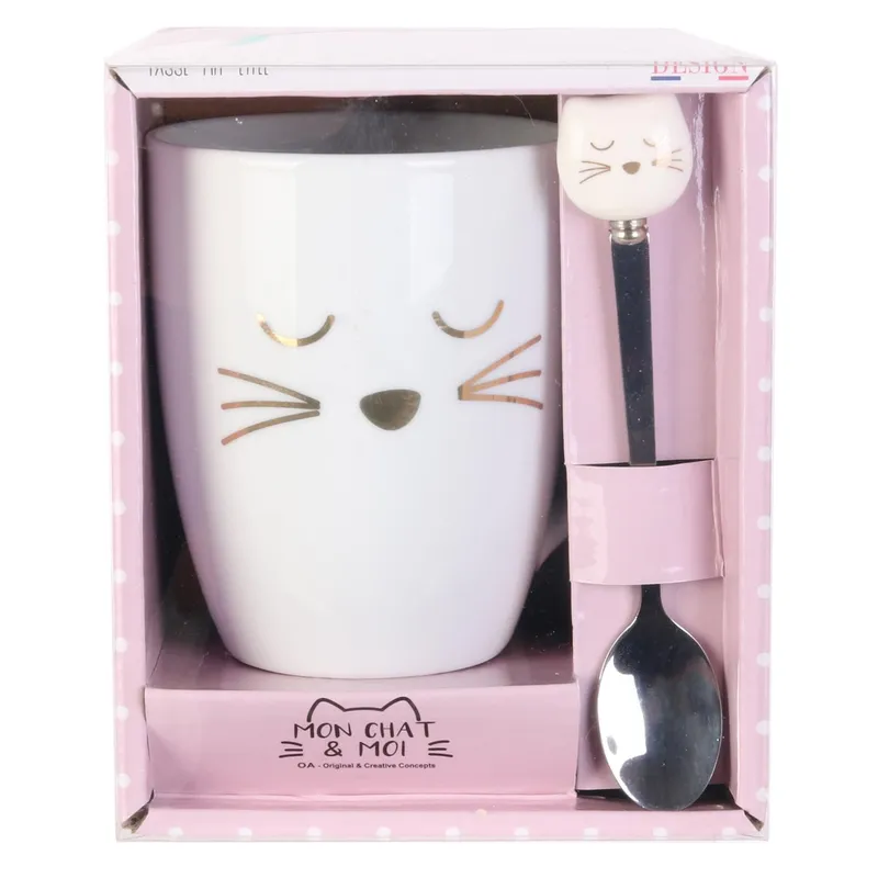 Kubek Kotek MEBLIVA Porcelana Z Łyżeczką 350 ml - Biały