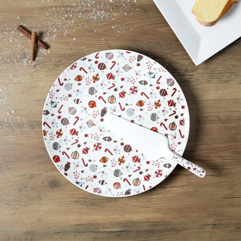 Talerz Na Ciasto Z Łopatką MEBLIVA Świąteczny Ceramika 30cm - Biały