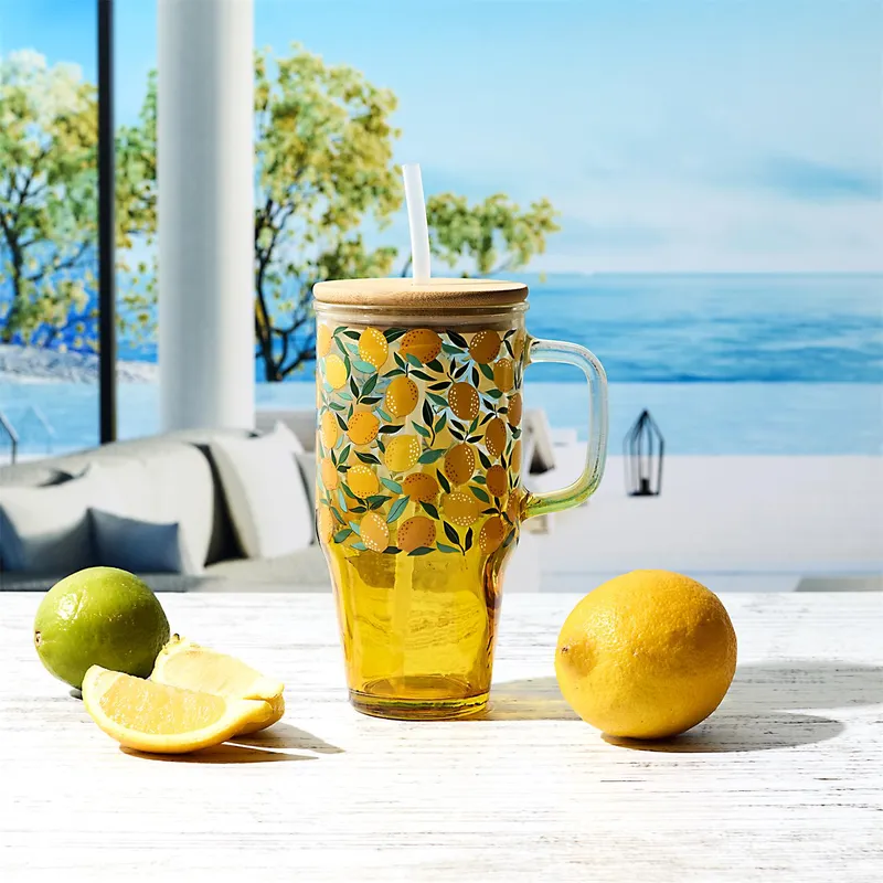 Kubek Szklany MEBLIVA Soleo 650ml Ze Słomką I Pokrywką - Żółty
