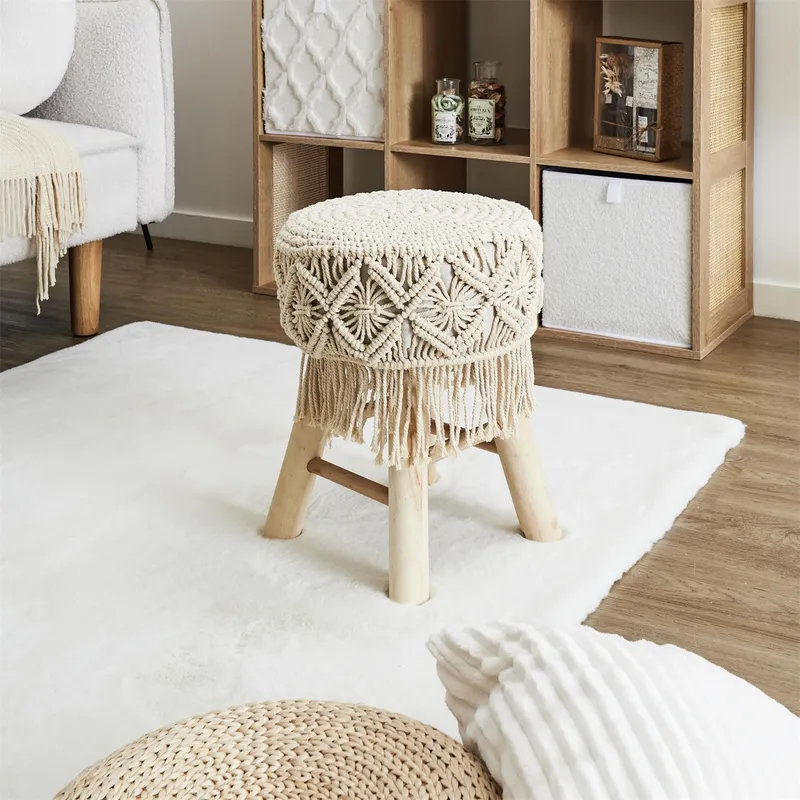 Taboret MEBLIVA Boho Pleciony Drewniany Skandynawski - Beżowy