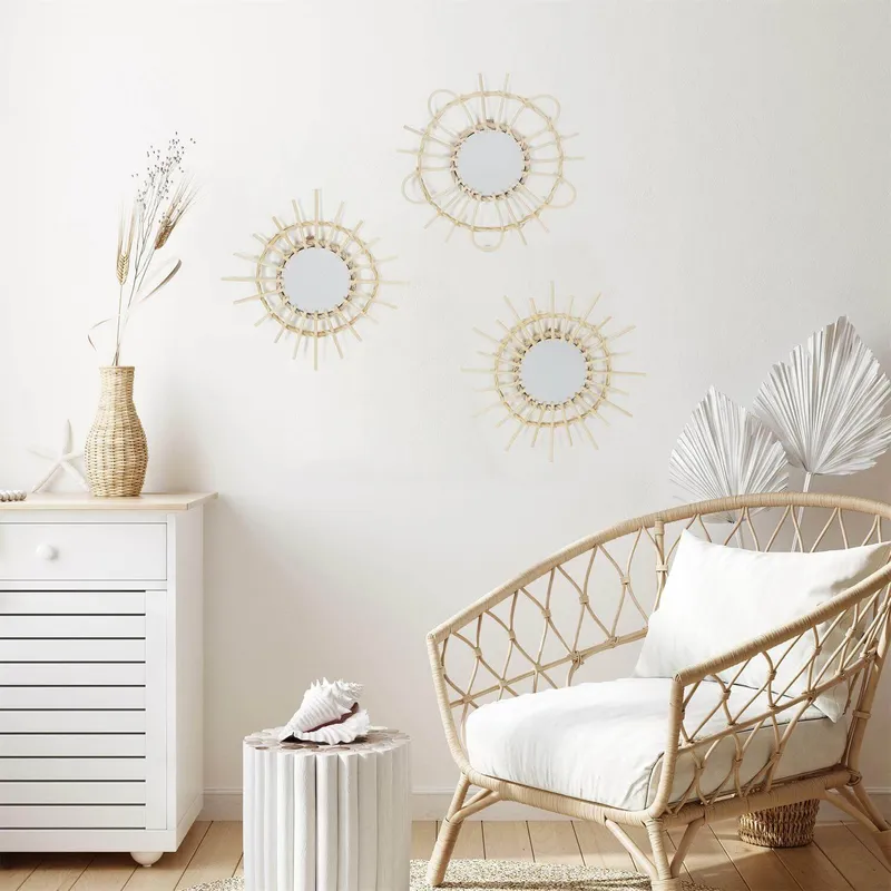 Zestaw 3 Luster Rattanowych MEBLIVA Lipsi, Okrągłe 28 cm - Naturalny