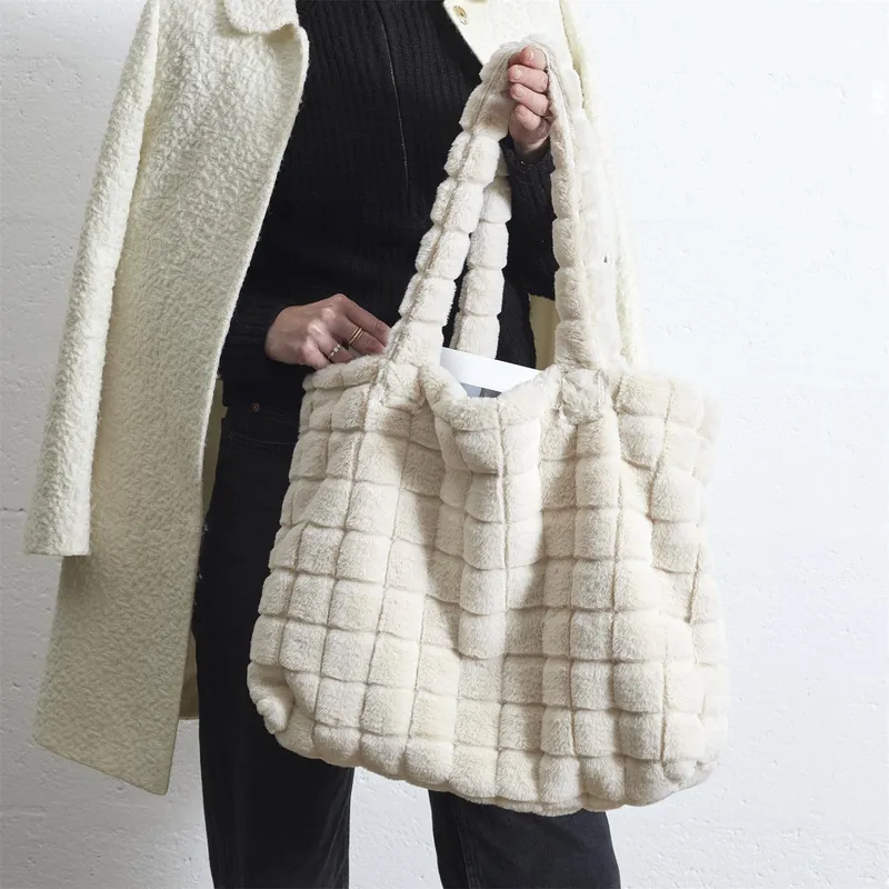 Torba Shopper MEBLIVA Futrzana, Poliester, Boho - Kremowa