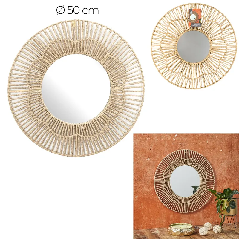 Lustro Boho MEBLIVA Nairobia 50cm, Okrągłe, Metal - Naturalny