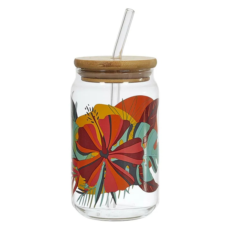 Szklanka MEBLIVA Exotic Paradise 450ml Ze Słomką I Pokrywką - Multikolor