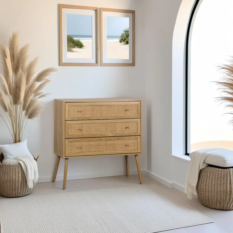 Komoda MEBLIVA Ballo 3 Szuflady, Rattan, Styl Boho - Naturalny