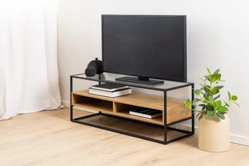 Szafka RTV MEBLIVA Randolf Szkło/Dąb, 120 cm - Czarny