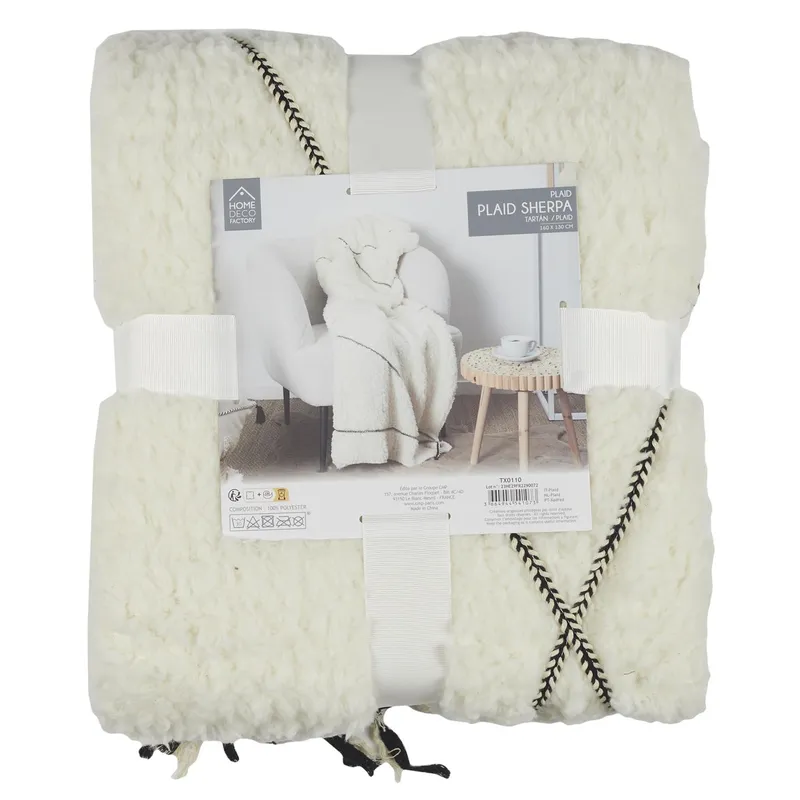 Pled Sherpa MEBLIVA 130x160 cm, Gruby Koc Boho - Biały