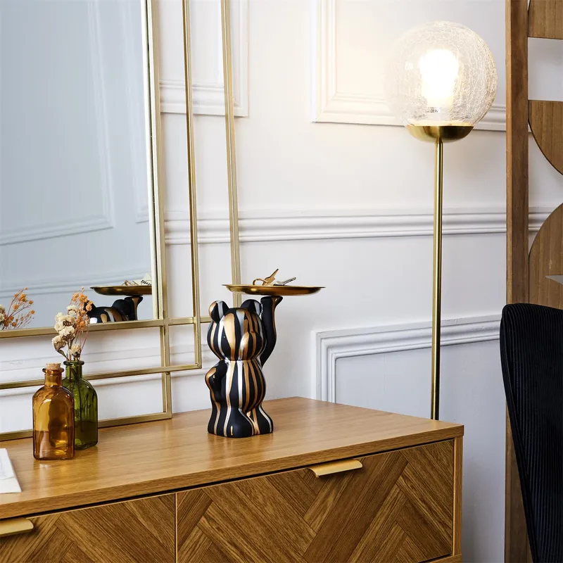 Figurka Dekoracyjna MEBLIVA Deco Bear Z Tacą, Metal, Glamour - Czarna
