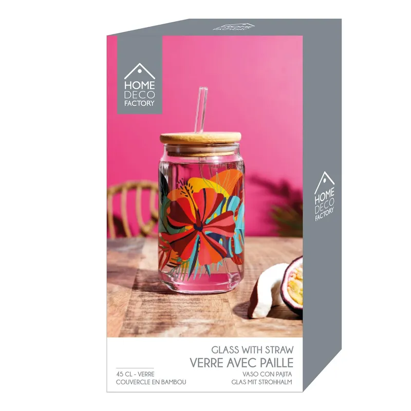 Szklanka MEBLIVA Exotic Paradise 450ml Ze Słomką I Pokrywką - Multikolor
