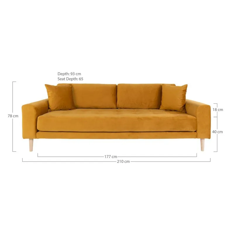 Sofa MEBLIVA Lido 3-OSOBOWA, Aksamit, Naturalne Nogi - Żółta