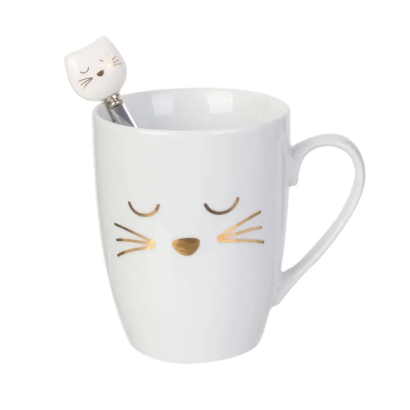 Kubek Kotek MEBLIVA Porcelana Z Łyżeczką 350 ml - Biały