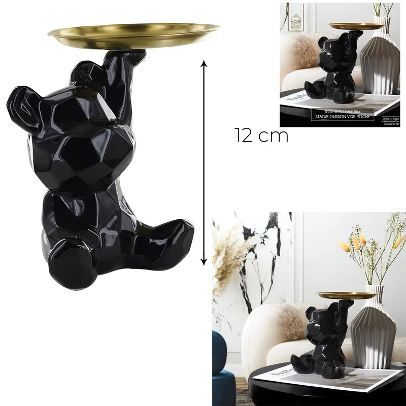 Figurka MEBLIVA Miś Origami Ceramiczna Ze Złotą Tacą - Czarna
