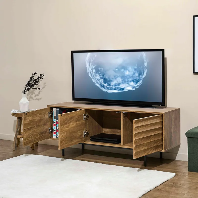 Szafka RTV MEBLIVA Celia 140 cm, MDF Frezowana, Japandi - Naturalna